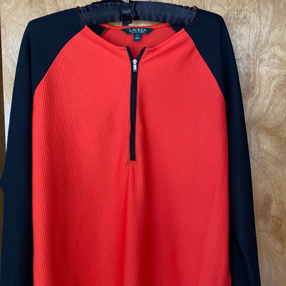 Lauren red-orange quarter zip casual top with black raglan long sleeves